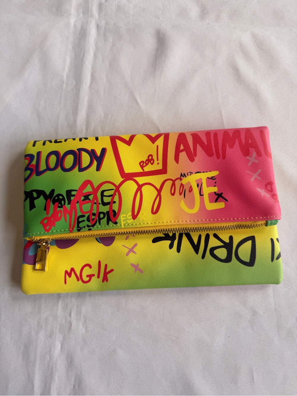 AKIRA Graffiti Multicolor Fold-Over Clutch Bold Letters Bright Yellow Interior